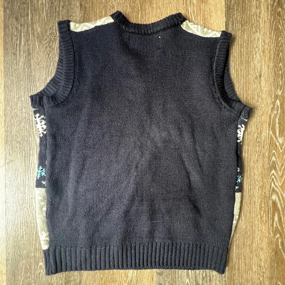 Merry Christmas Sweater Vest Mens Medium Blue‎ Reindeer Snowflake V-Neck Knit
